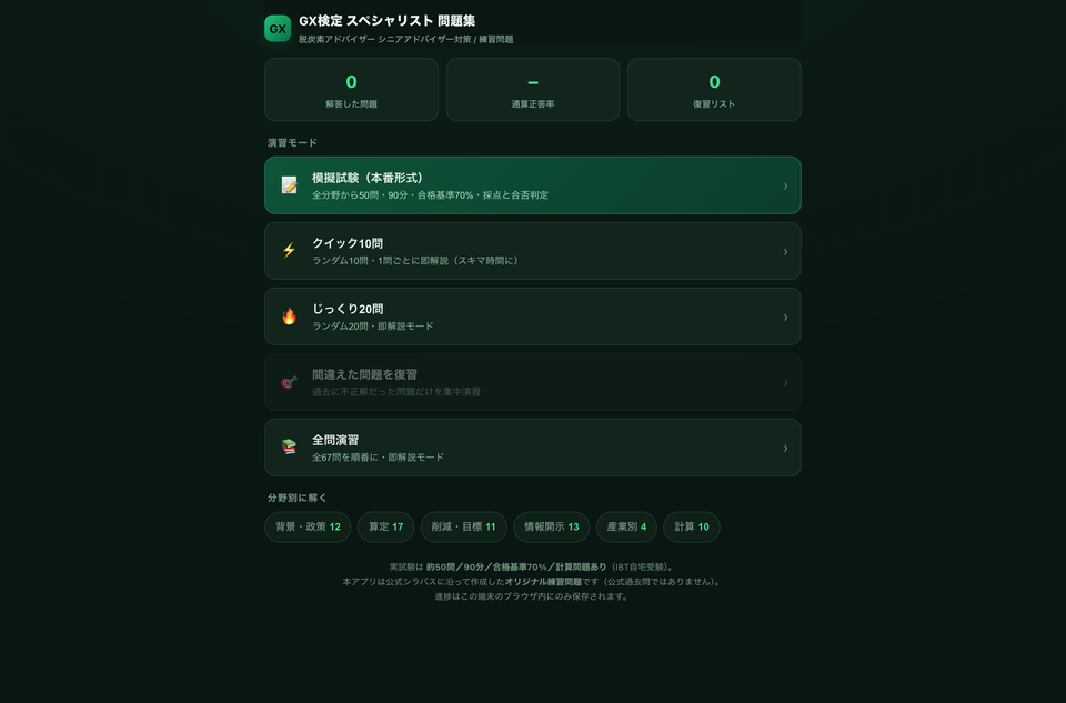 GX検定スペシャリスト問題集の演習モード選択画面